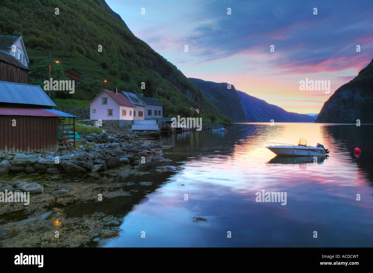 Sunset over Aurlandsfjorden from Undredal, Aurland ,Norway Stock Photo