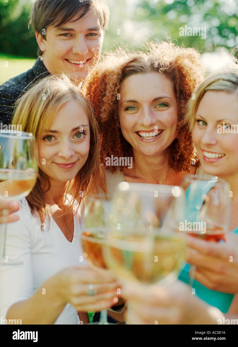 A group of smiling people raising their glasses and looking into the camera. Stock Photo