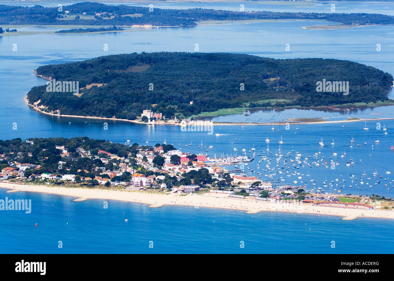 Aerial View. Sandbanks, Brownsea Island, Poole harbour. Poole bay Stock