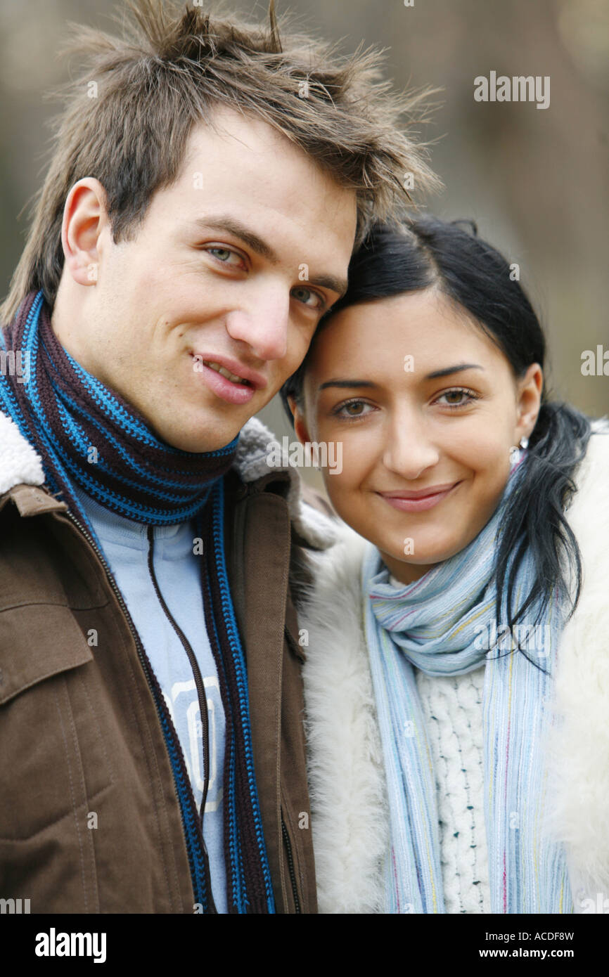 Portrait of a young couple in the autumn forest lifestyle Stock Photo ...
