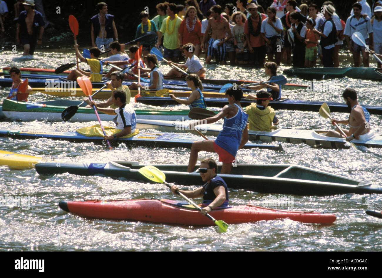 canoeing descenso del sella big annual august contest of tens of thousands of competitors Stock Photo
