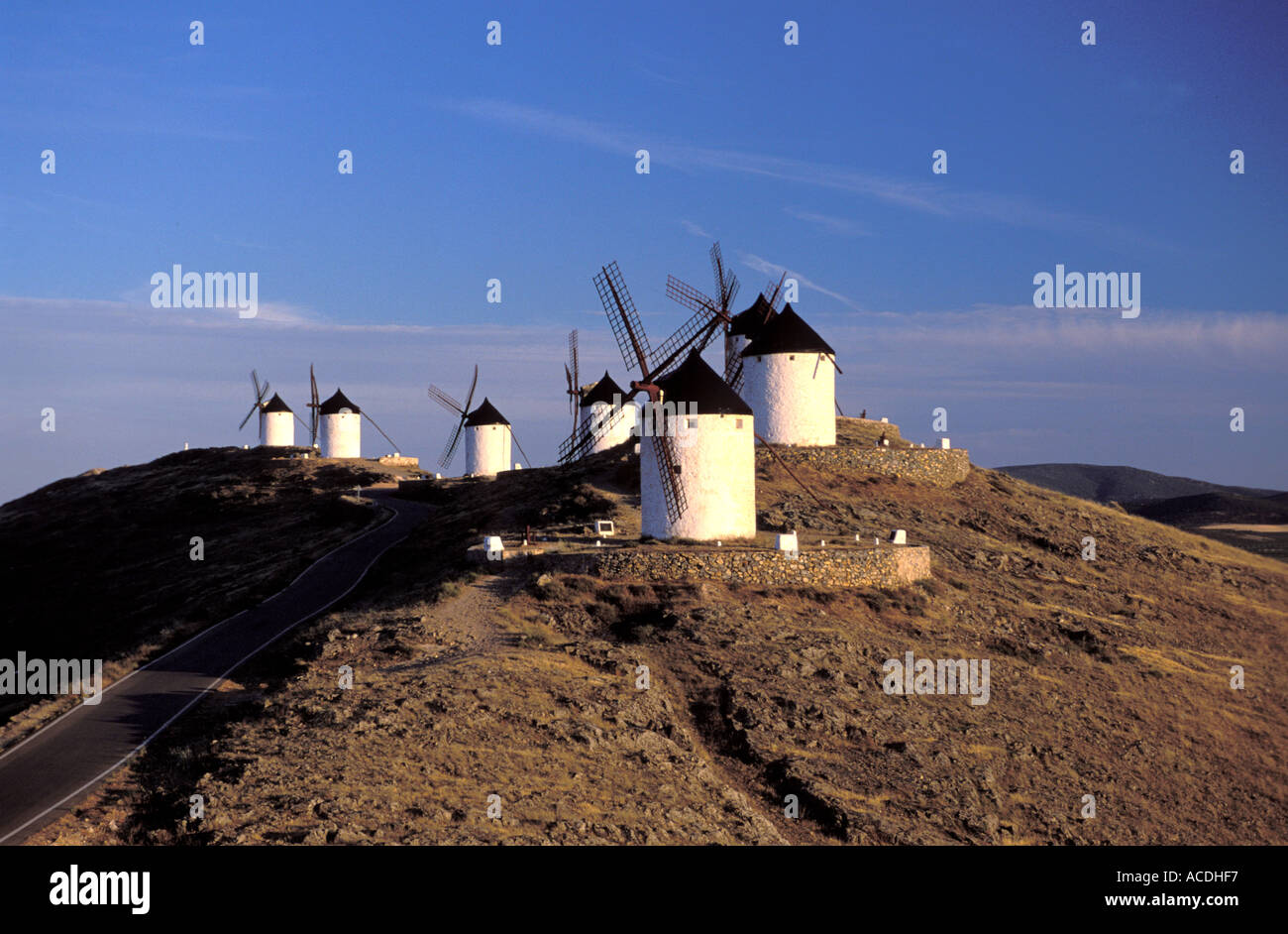 Don Quichot in La Mancha the windmills of Consuegra Stock Photo