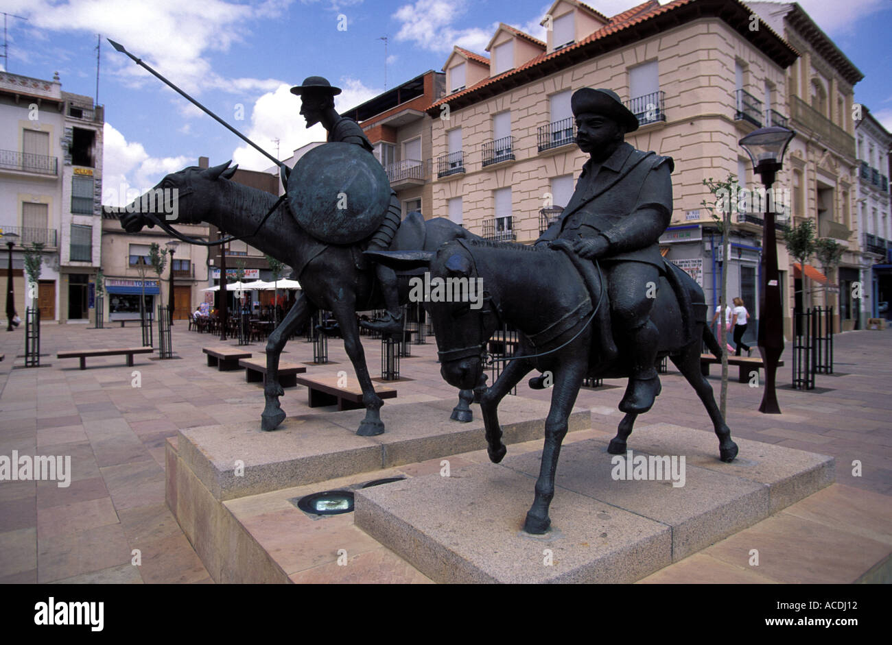 Alcazar de San Juan statue of don Quichote and his servant Sancho Panza Quijote Stock Photo