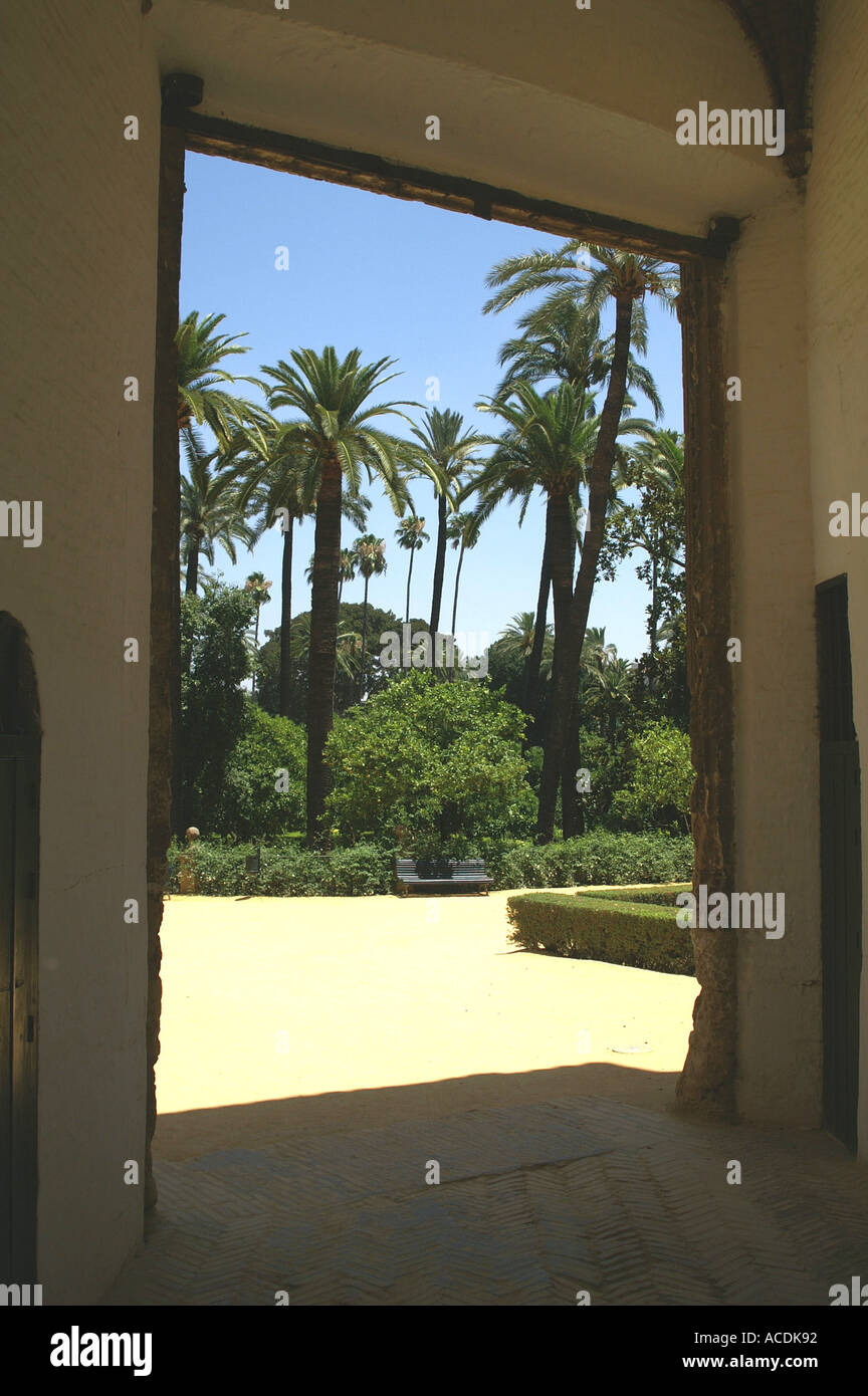 Looking from doorway into Alcazar gardens Seville Andalucia Spain Sevilia Andalusia Espana España Stock Photo