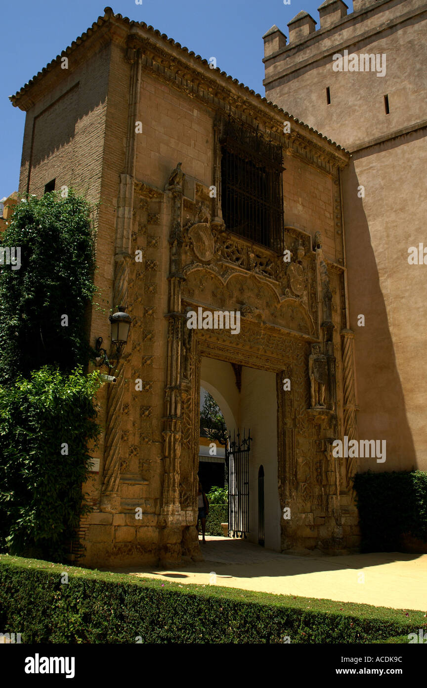 Fortified gateway into Alcazar gardens Seville Andalucia Spain Sevilia Andalusia Espana España Stock Photo