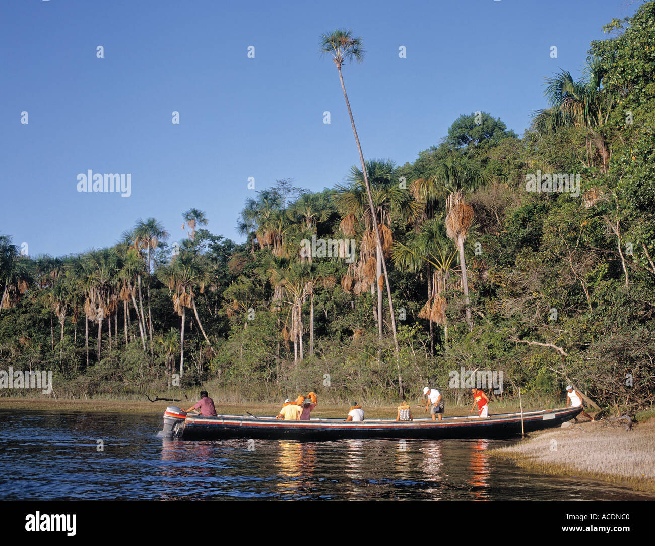 Canaima National Park Bolivar State Venezuela Tourists boarding Canoe in Canaima lagoon Stock Photo