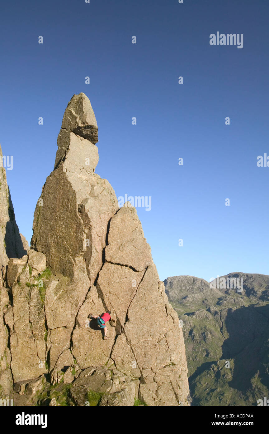 man free climbing Napes Needle on Great Gable Lake District Stock Photo