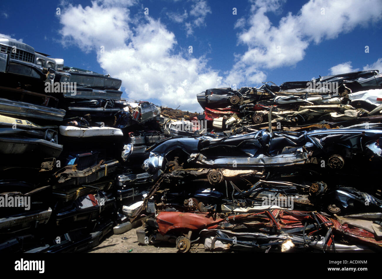 Junkyard with crushed cars Stock Photo Alamy