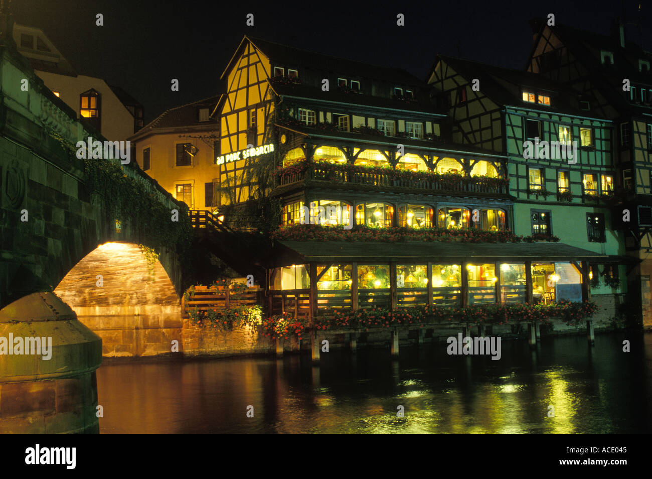France Alsace Strasbourg Pont St Martin restaurant night Stock Photo