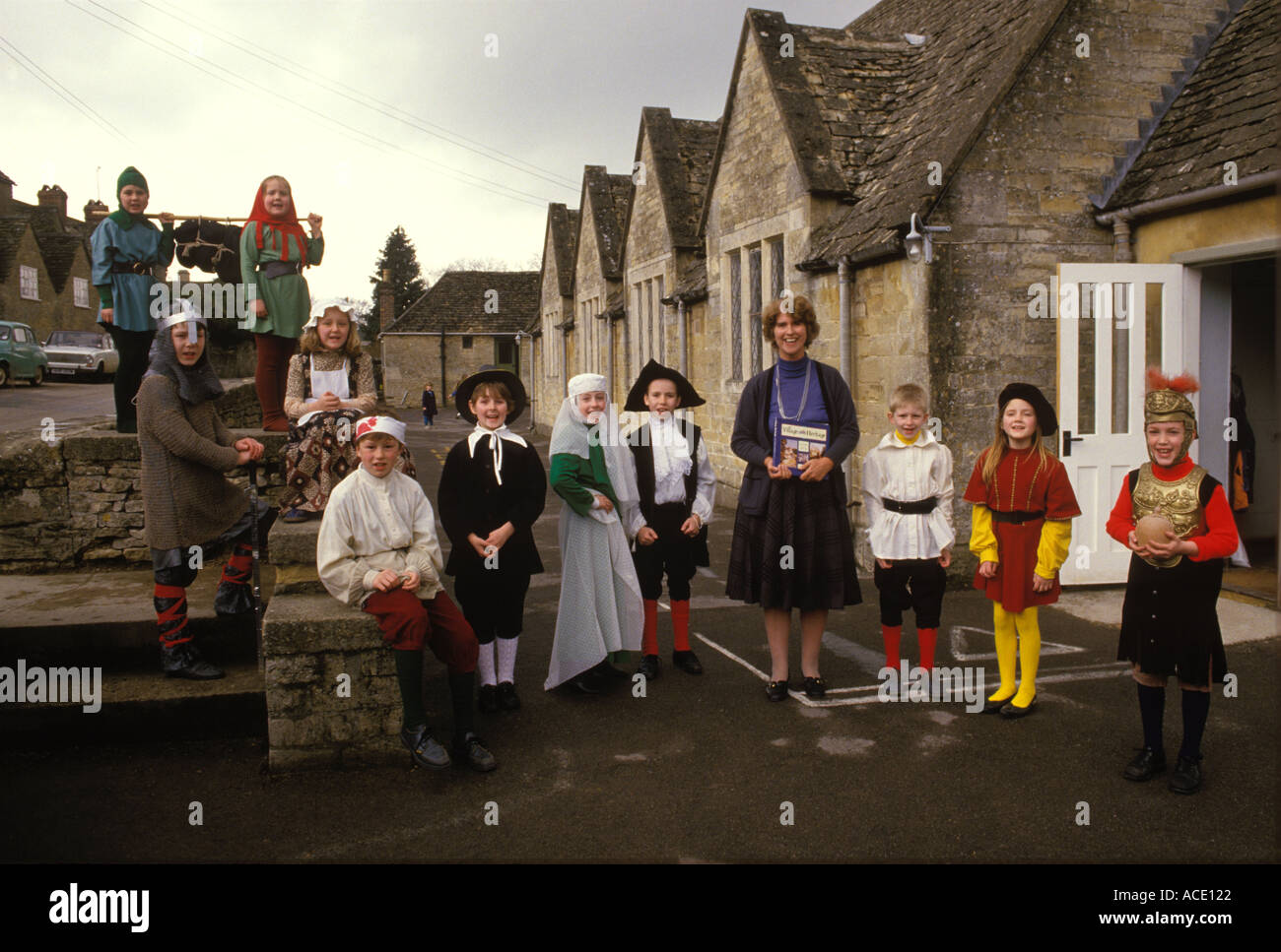 Village School Children dressed up in costume for a Sapperton village school play Gloucestershire. England 1980s HOMER SYKES Stock Photo