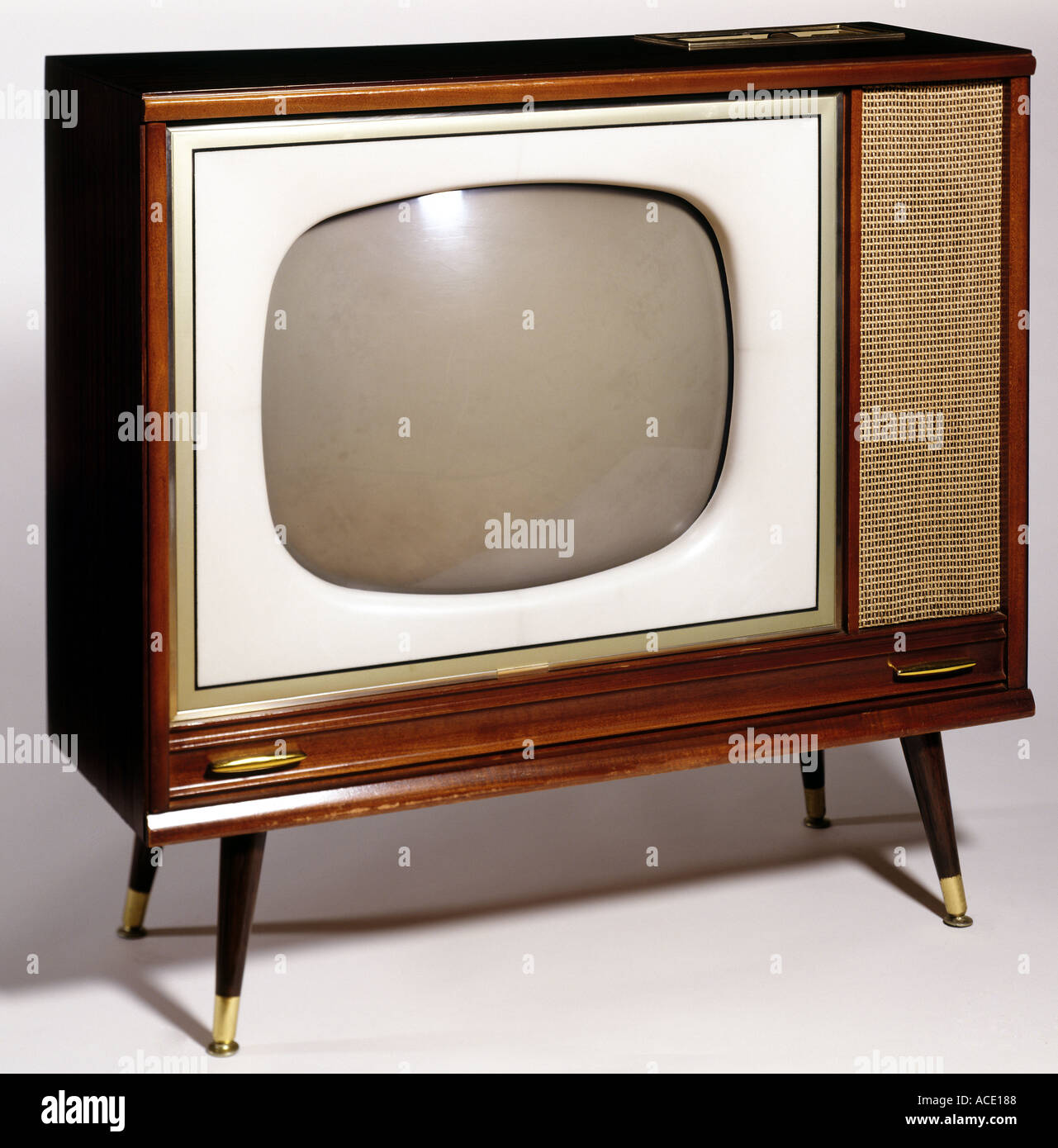 TV Antique Old Fashion Television Wooden Cabinet Stock Photo