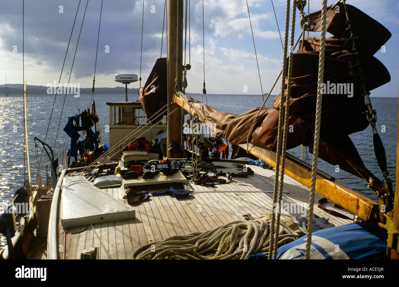 diving equipment on deck of sailship cruising islands of galapagos ecuador Stock Photo