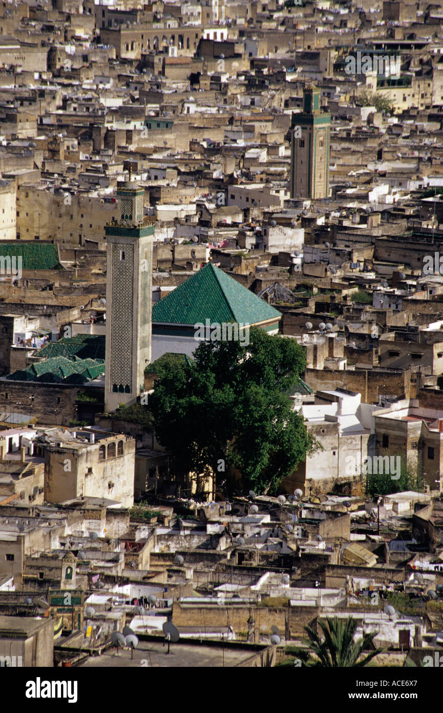 Fez, Morocco. Zawiya of Moulay Idris II and Minaret. Satellite Dishes