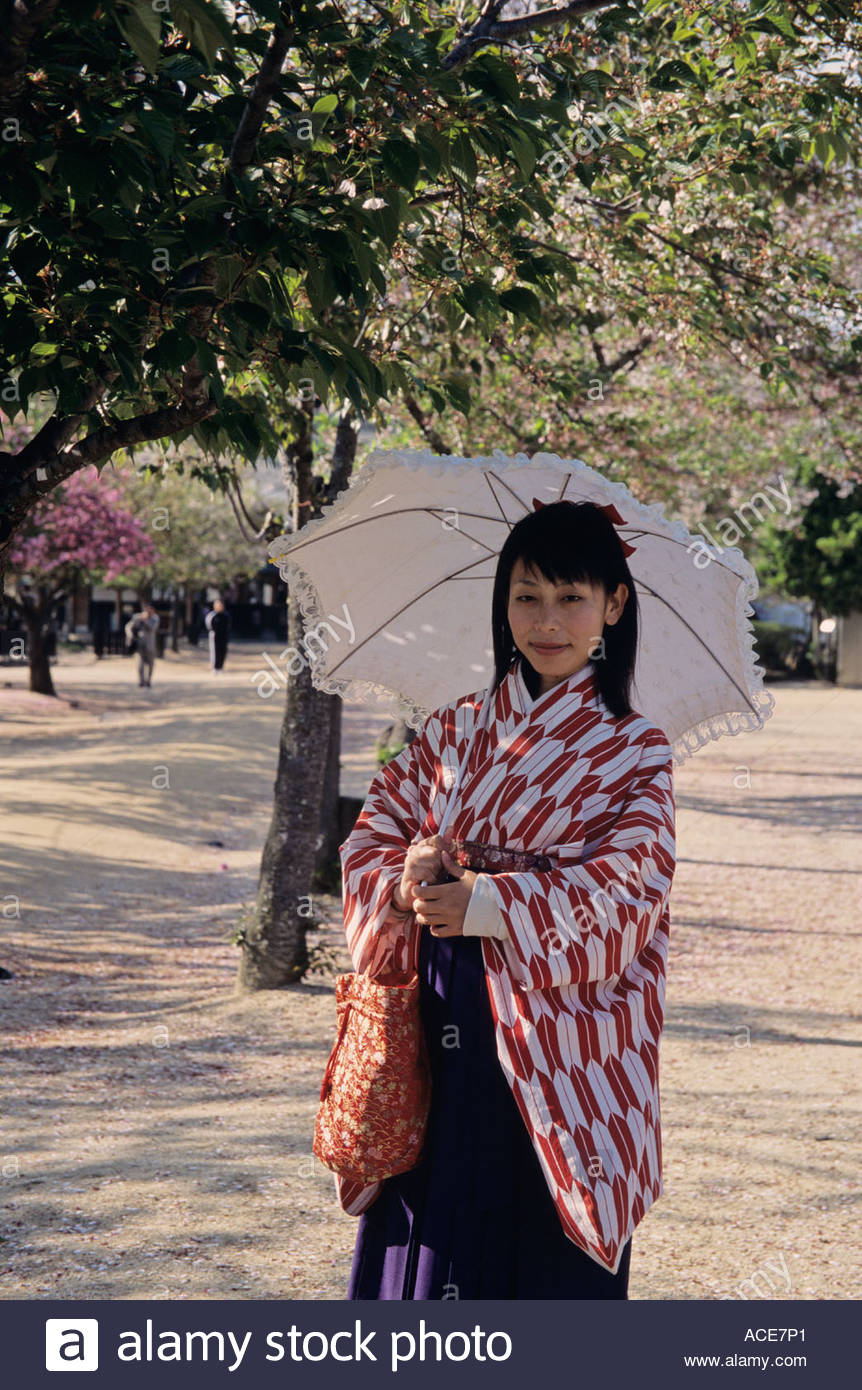 A Japanese girl carrying a parasol against the sun in the grounds ...