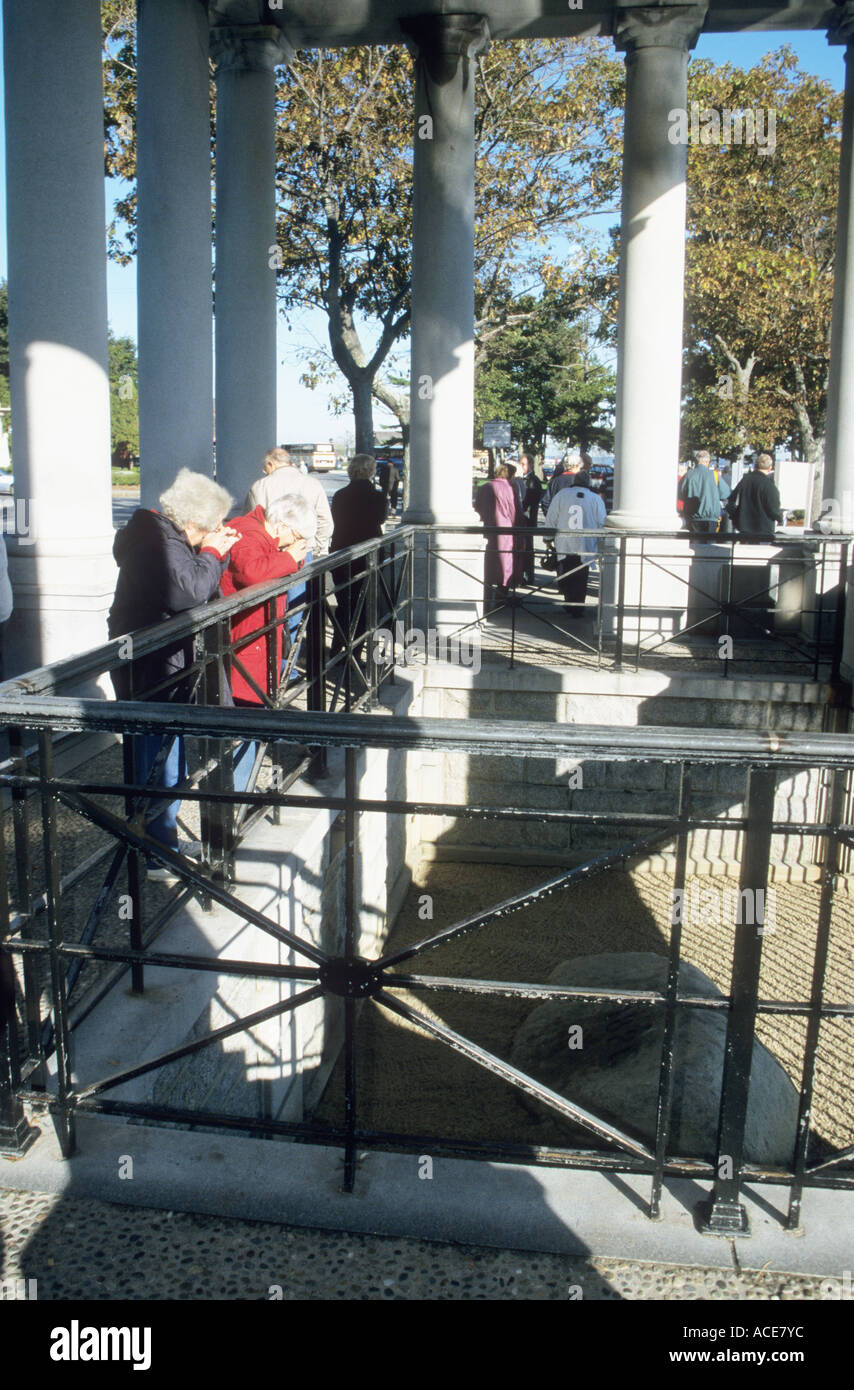 Tourists looking and photographing the Plymouth  ROCK Stone at Plymouth Massachusetts USA Stock Photo