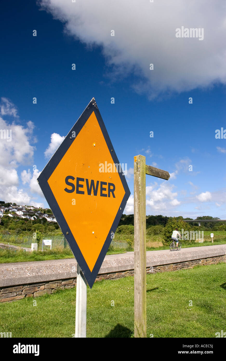 Sewer sign alongside the Camel Trail Wadebridge Cornwall Stock Photo ...