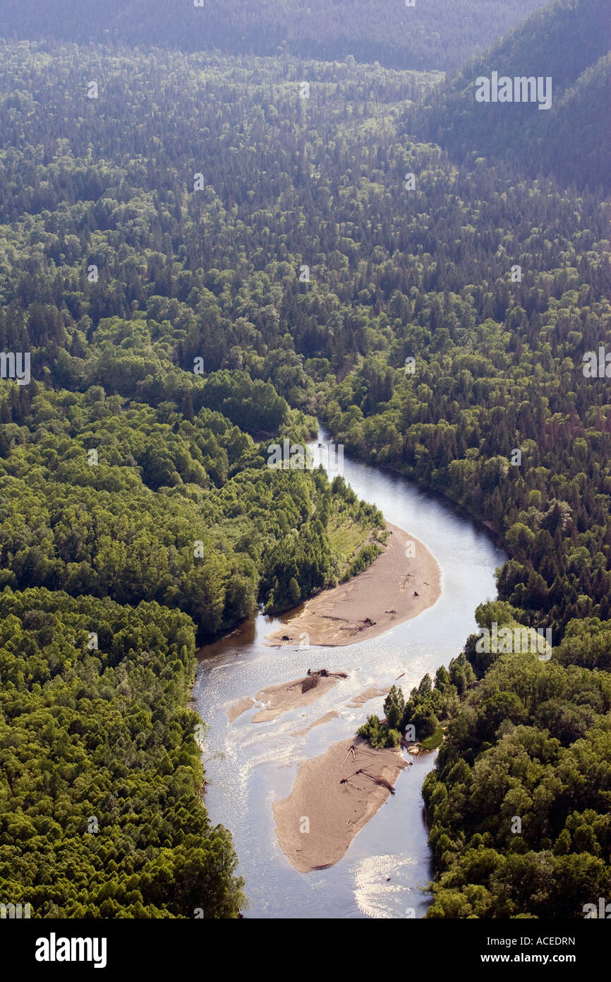 Komsomolsk Russia June 2007 A river flows through a remote region of the Siberian Taiga forest Stock Photo