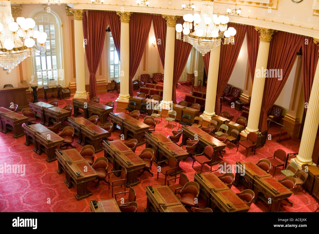 Inside the senate chambers of the California statehouse where senators sit when holding session in Sacramento capitol Stock Photo