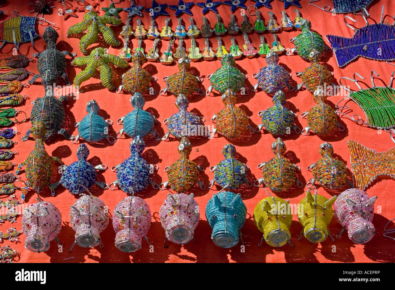 Beadwork animals for sale in Saturday craft market, Maputo, Mozambique, Southern Africa Stock Photo