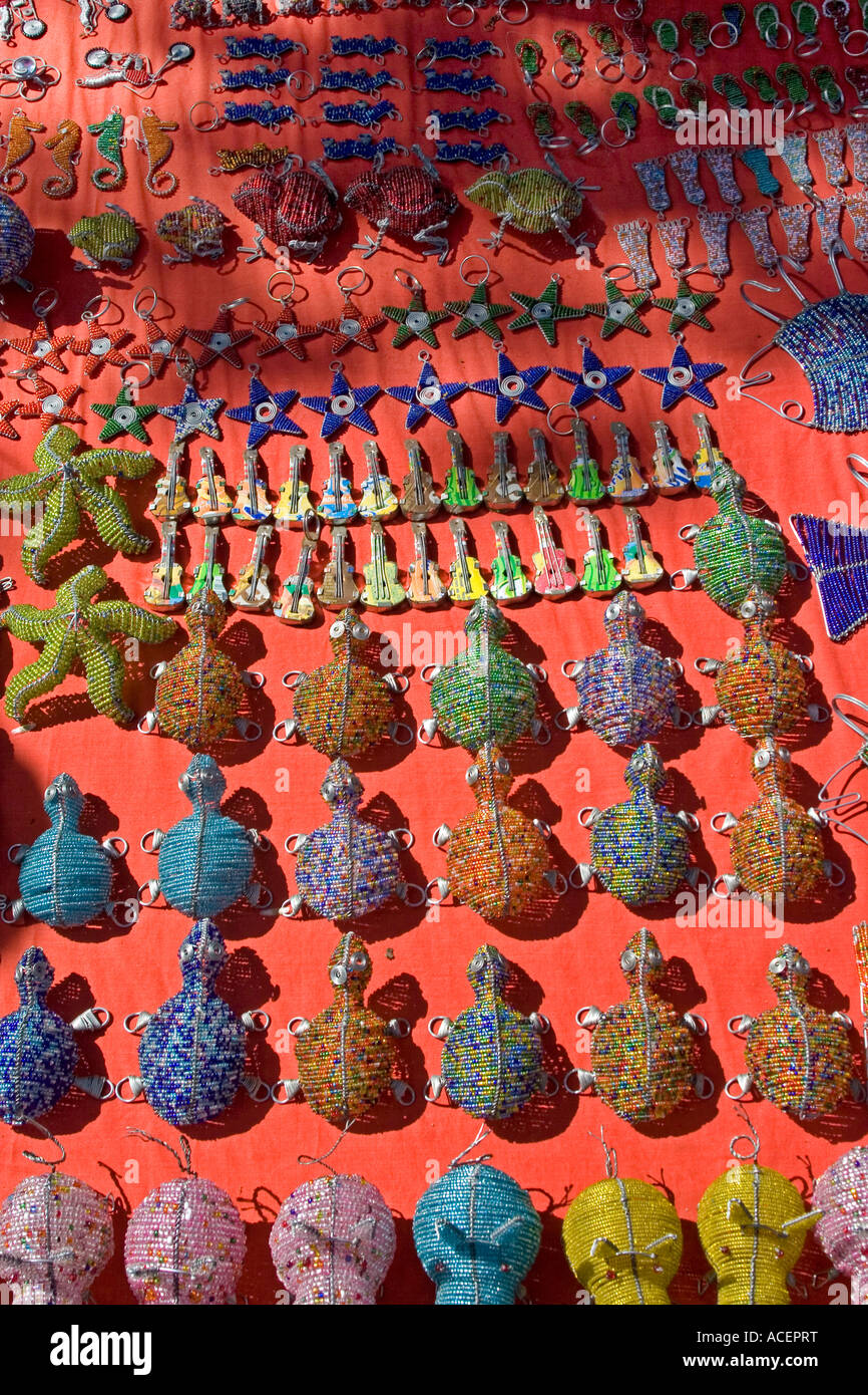 Beadwork animals for sale in Saturday craft market, Maputo, Mozambique, Southern Africa Stock Photo