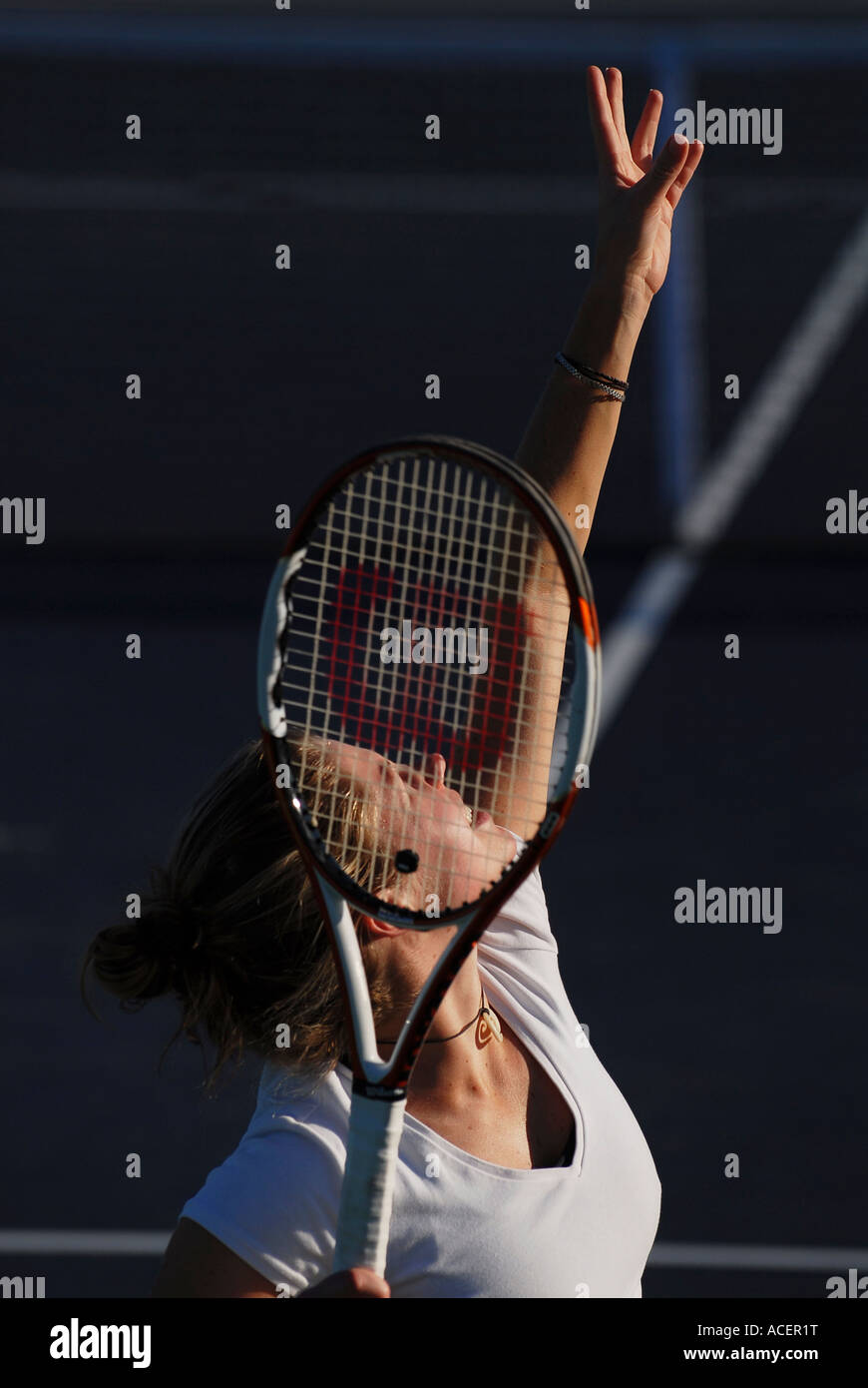 Czech tennis player Eva Birnerova serves at the 2007 Pacific Life Open, Indian Wells, California. Stock Photo