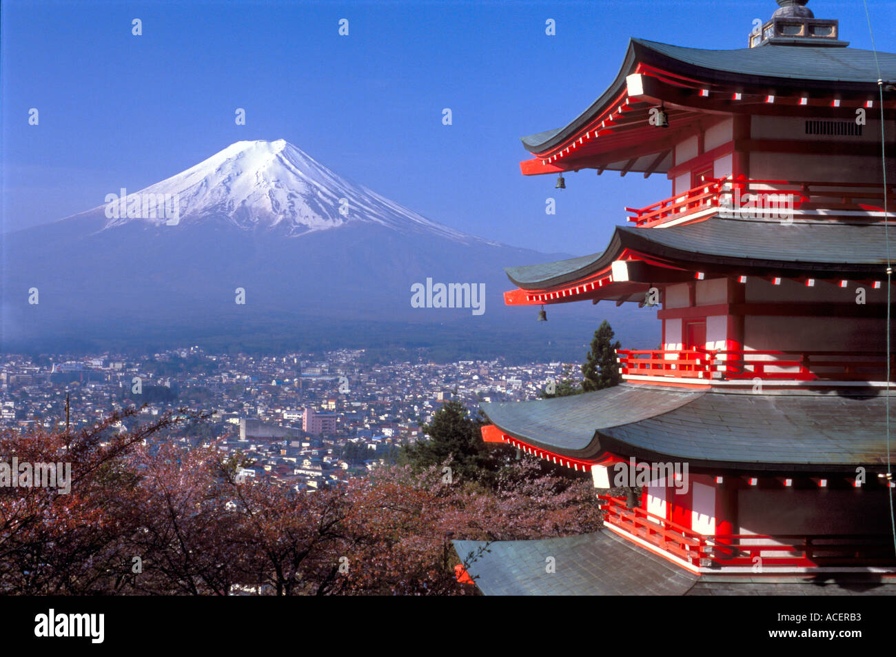 Distant view of Mount Fuji in spring with Chureito pagoda in foreground Stock Photo