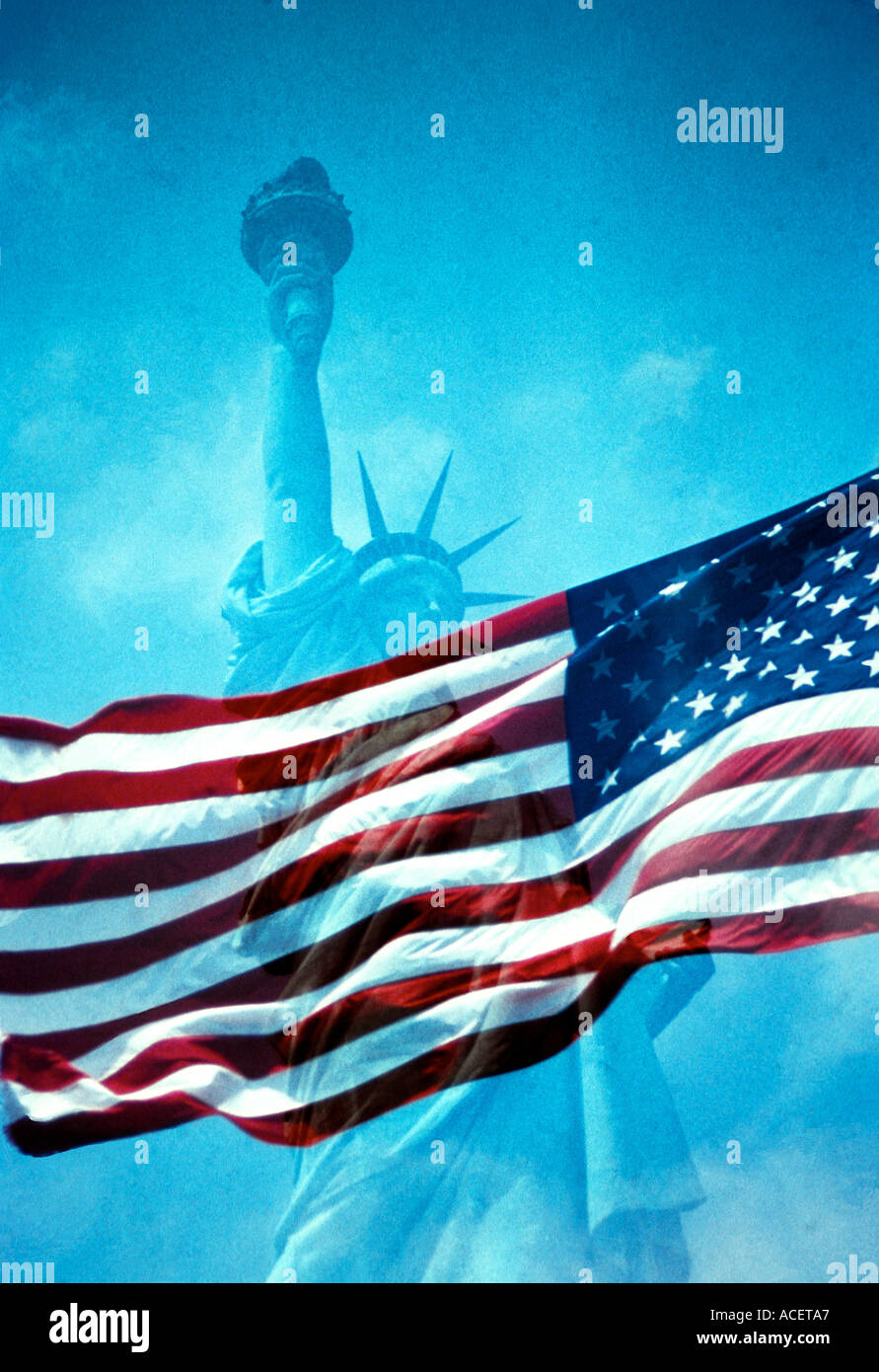 Statue of Liberty and United States of America national flag Stock ...