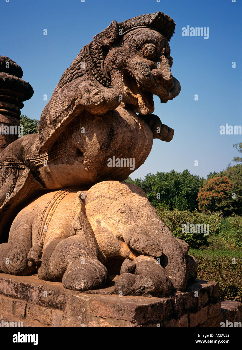 India Orissa Konark Sun Temple Gajasingha Lion crushing elephant sculpture Stock Photo