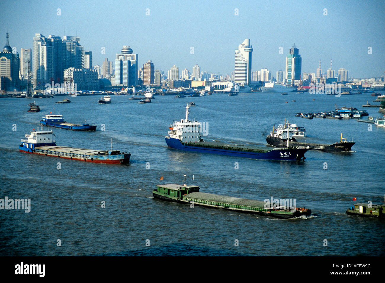 Shanghai China Cargo ship and barge traffic on Huangpu River Stock