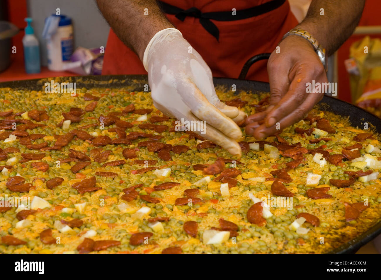 Spanish dish Paella being made at the Continental Market in Dundee, UK Stock Photo