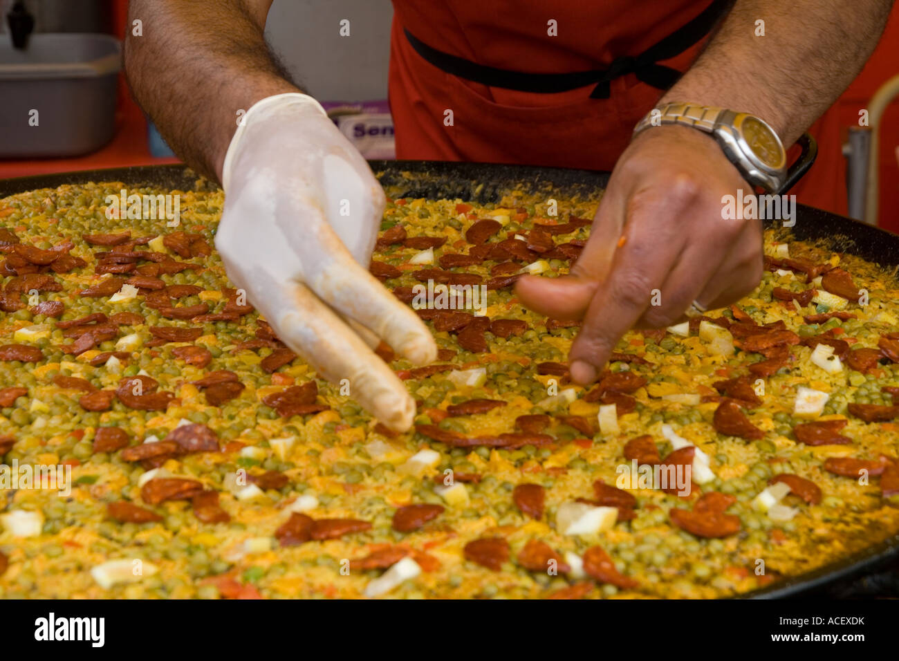 Spanish dish Paella being made at the 'Continental Market' in Dundee, UK Stock Photo