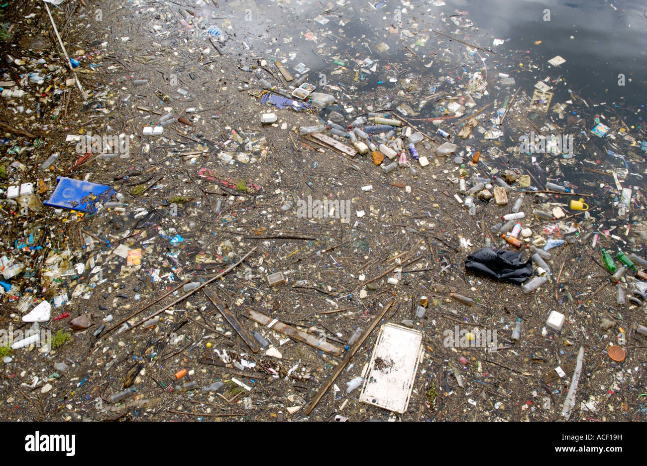 Flotsam rubbish floating in corner of Cardiff Bay, South Wales, UK