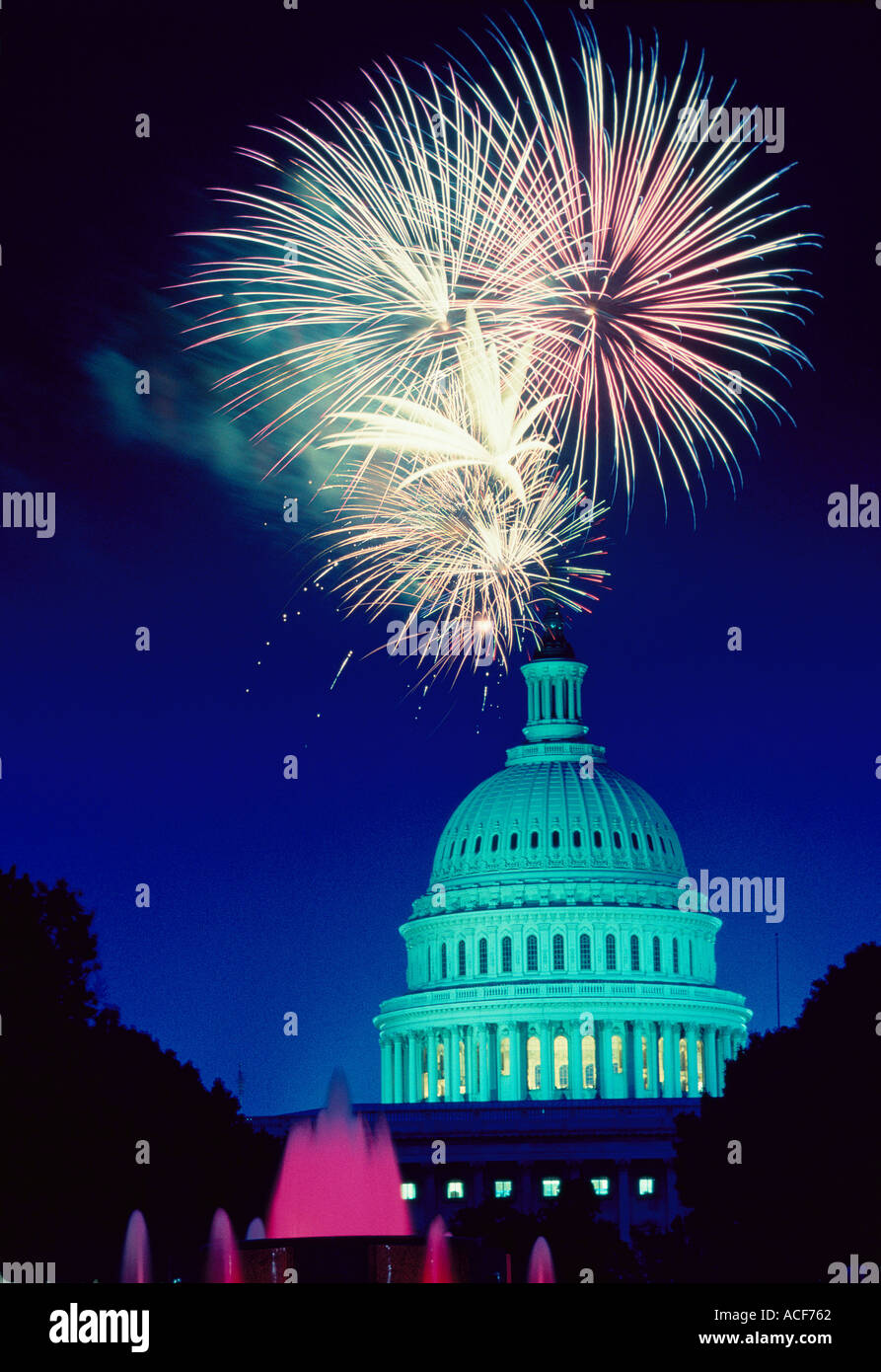 Fireworks bursting over U Capitol dome Washington DC as seen from the