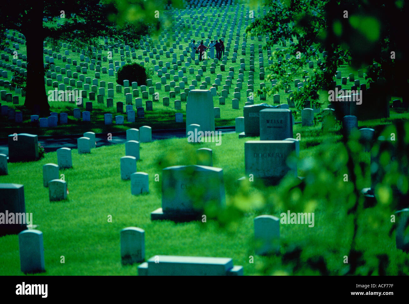Headstones at Arlington National Cemetery In the background a family