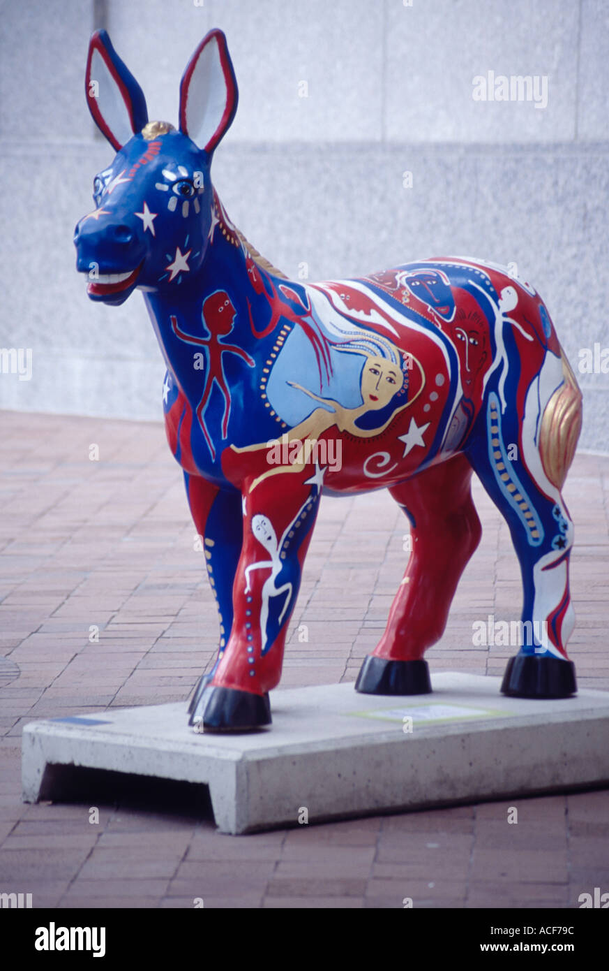 Imaginatively painted statue of a Democratic donkey part of the Party
