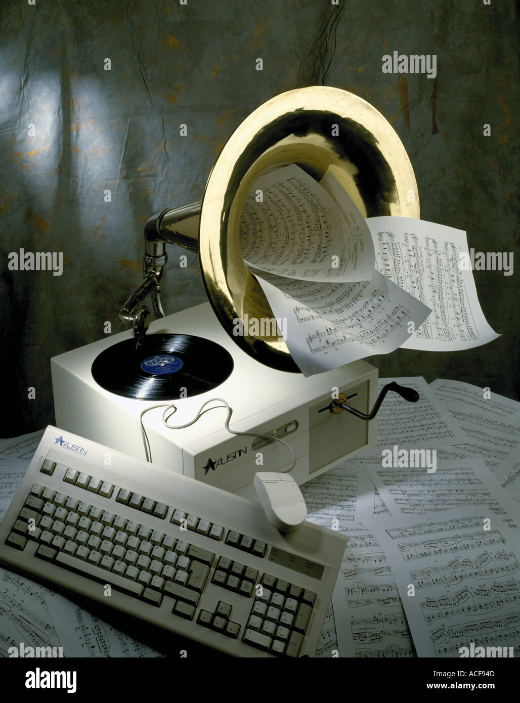 Computer music vinyl record and brass horn wind up sound Stock Photo