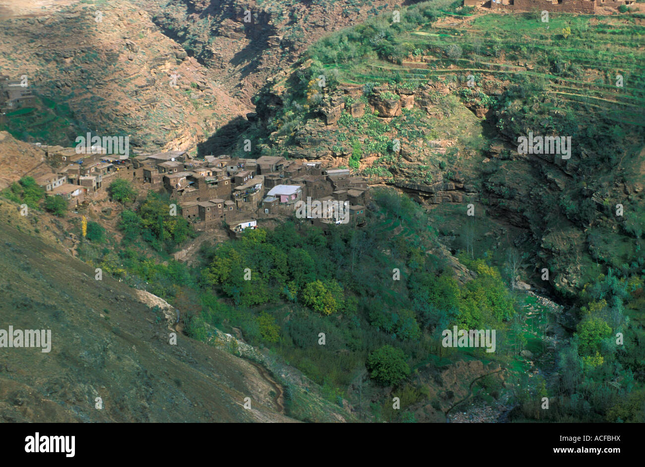 Scenic view of terraced slopes and Berber village near skiing village of Oukaimeden, Atlas Mountains; Morocco Stock Photo
