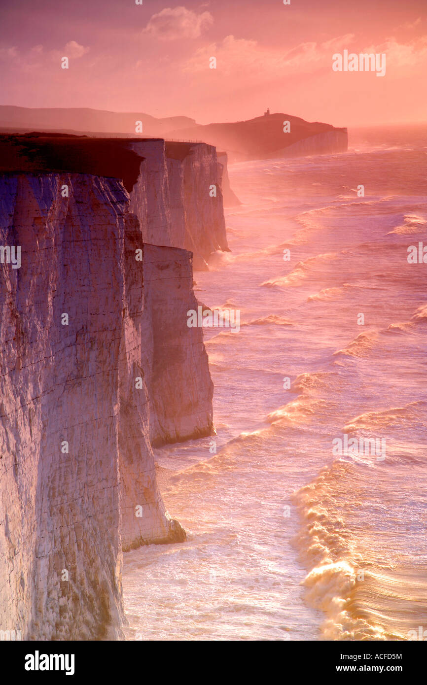 Waves crashing onto Chalk Cliffs on the beach at Seaford Head, South Downs Way, 7 Sisters Cliffs, Sussex, England, Britain, UK, Stock Photo