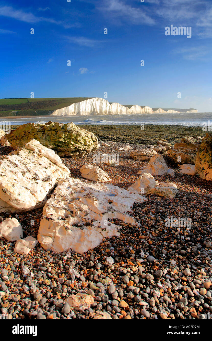 Chalk Rocks on the beach at Seaford Head, South Downs Way, 7 Sisters Cliffs, Sussex, England, Britain, UK, Stock Photo