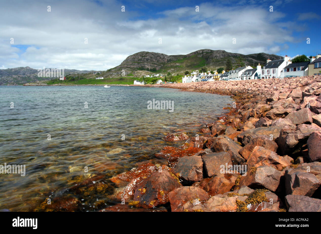 Shieldaig seafront on the west coast of Scotland on a bright summers day Stock Photo