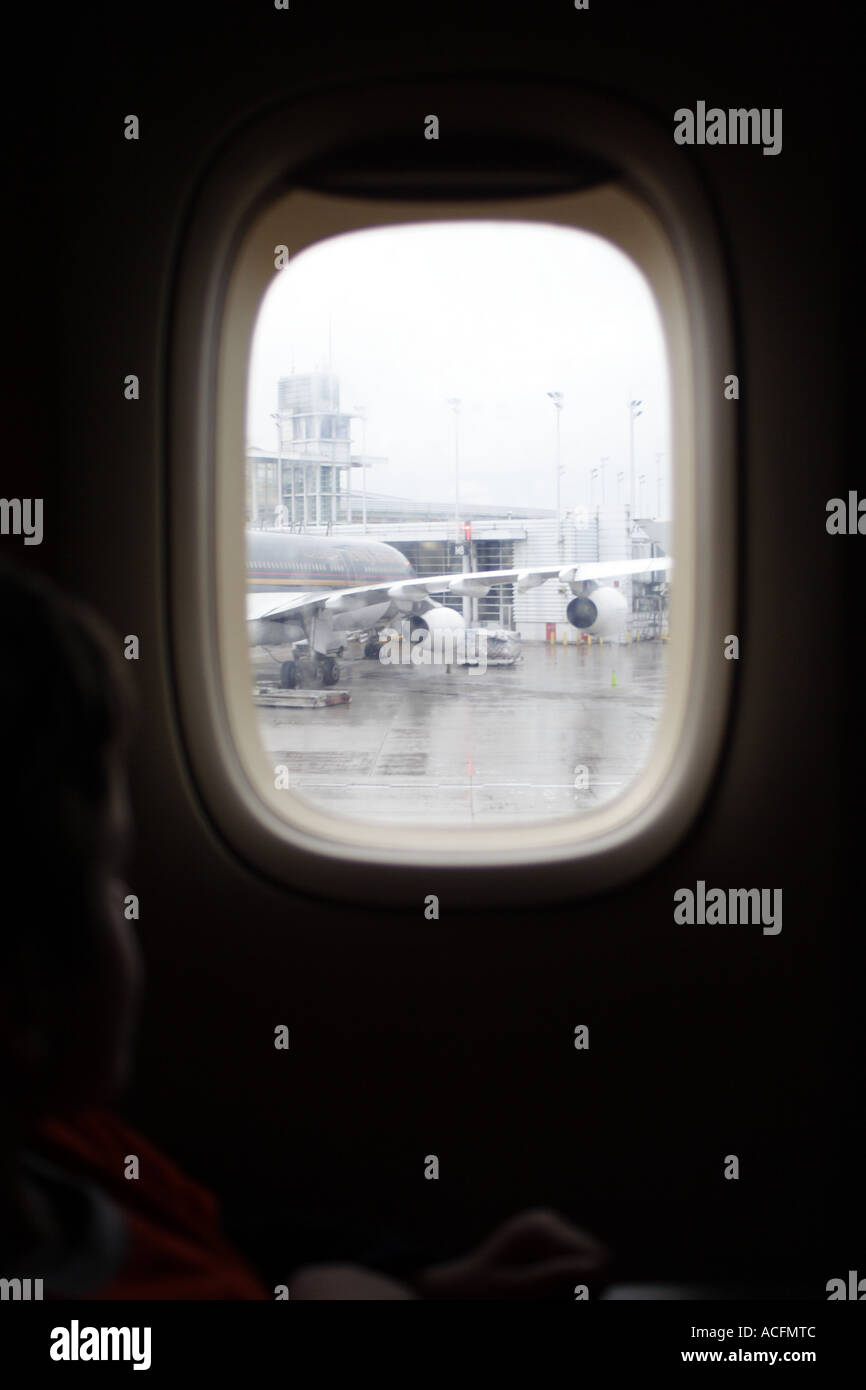 Airport view from airplane window Stock Photo