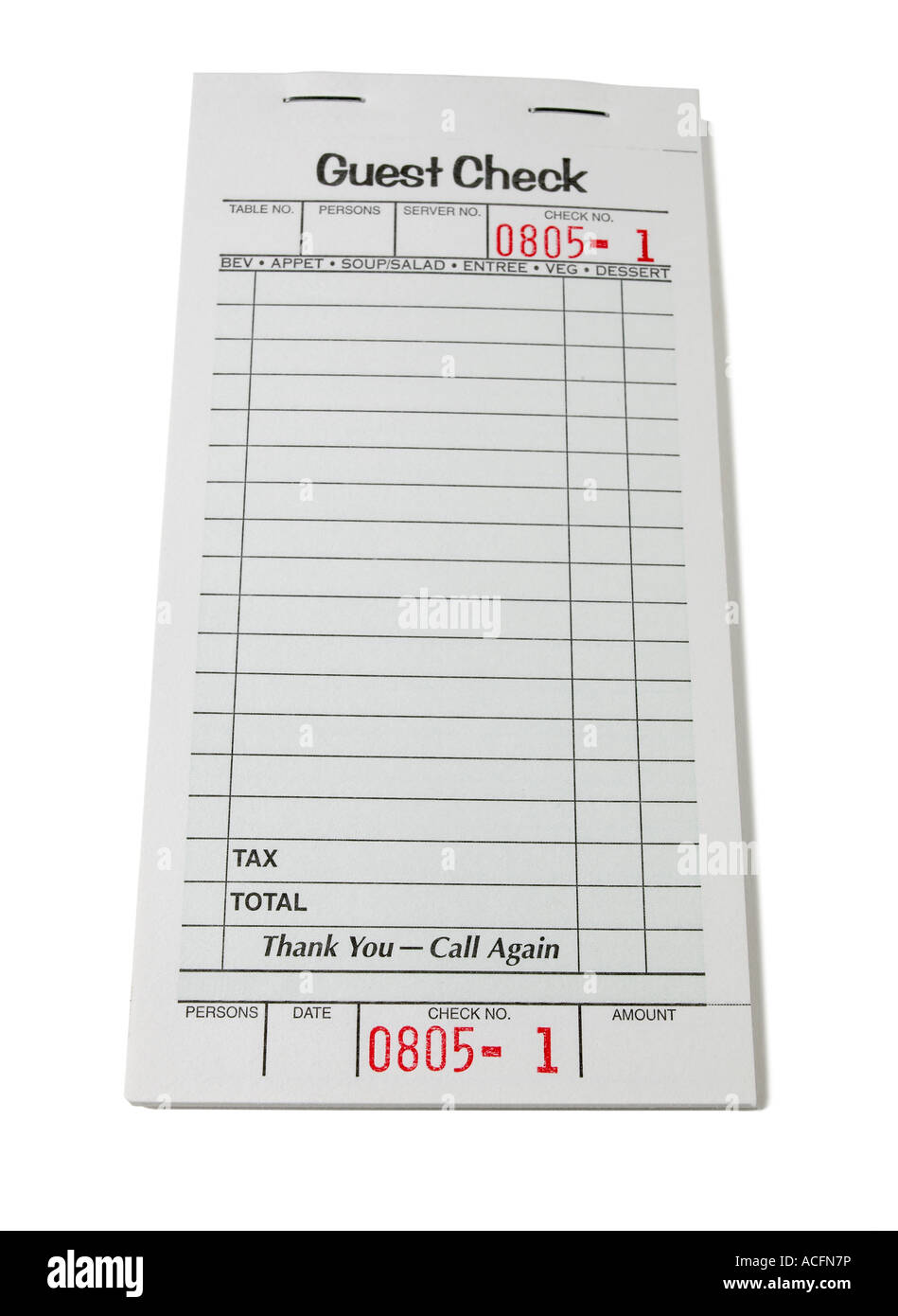 Restaurant Guest Check Bill Stock Photo Alamy