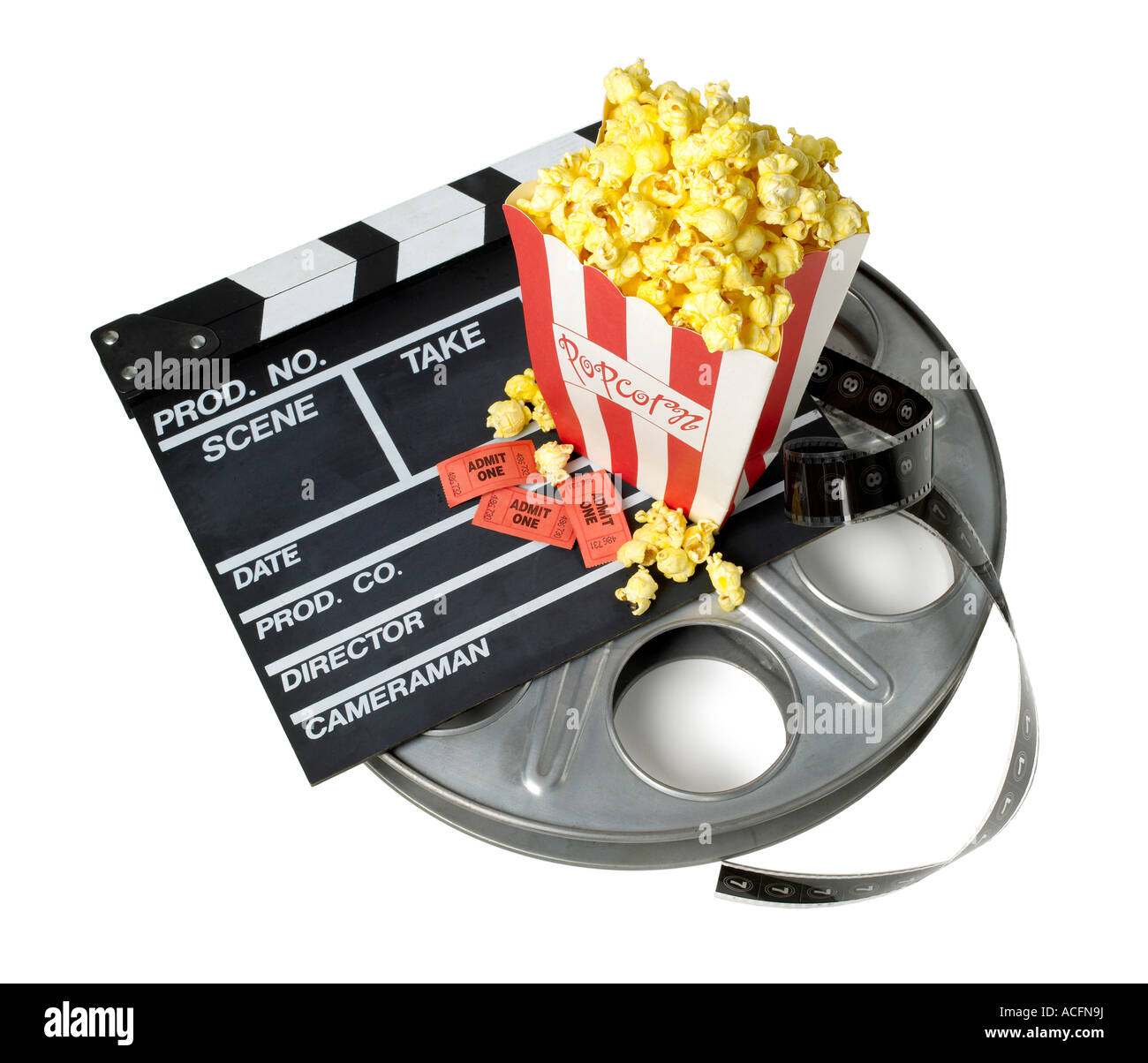 Director's Slate movie tickets film reel and popcorn elevated view Stock Photo