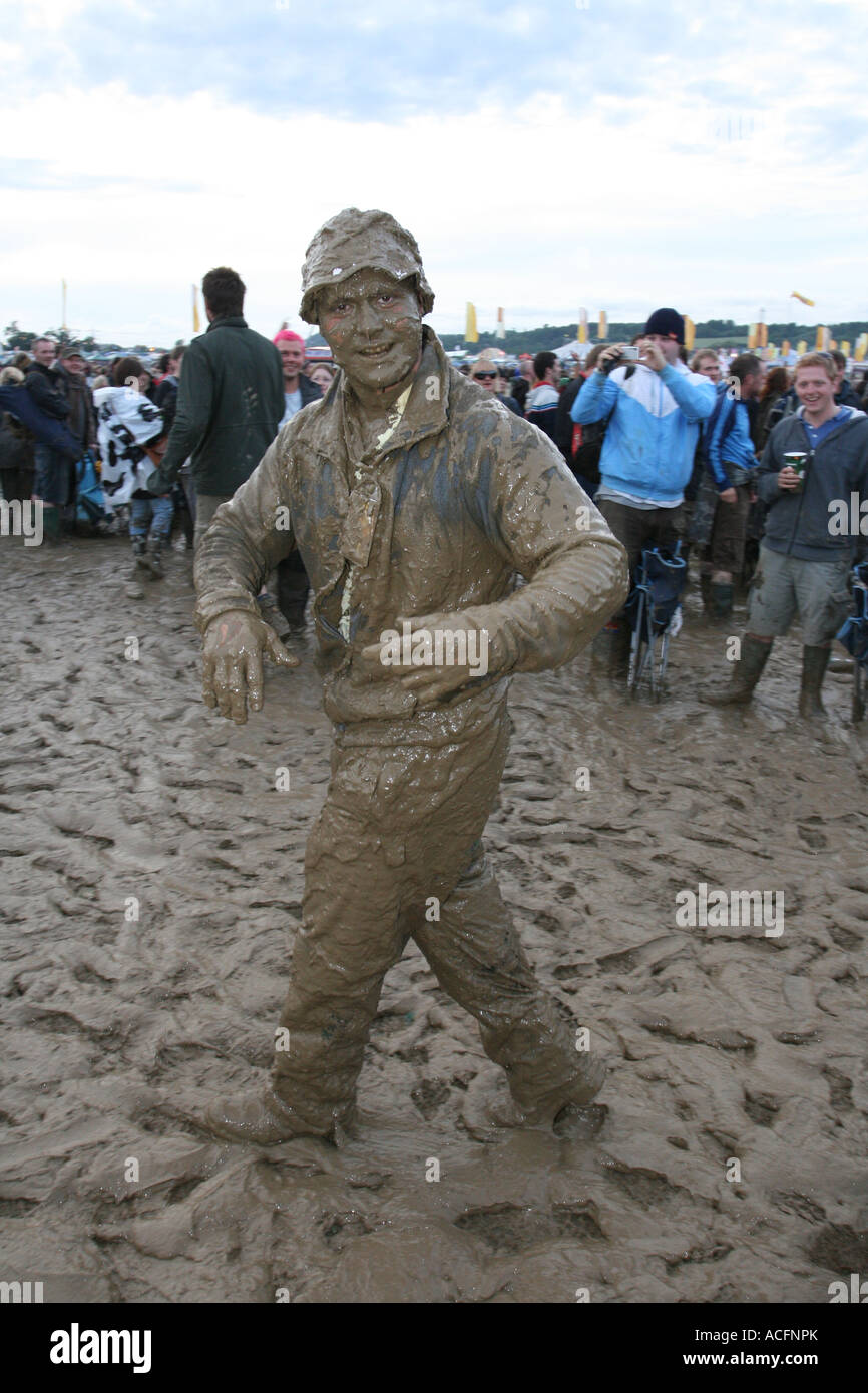 Man covered in mud at the Glastonbury festival 2007. Stock Photo