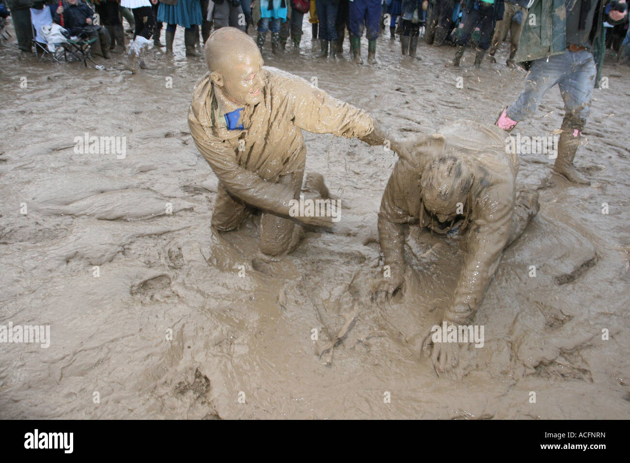 Mud wrestlers at the Glastonbury Festival 2007. Stock Photo