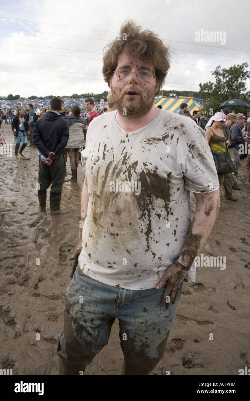 Man covered in mud at the Glastonbury music festival 2007 Stock Photo