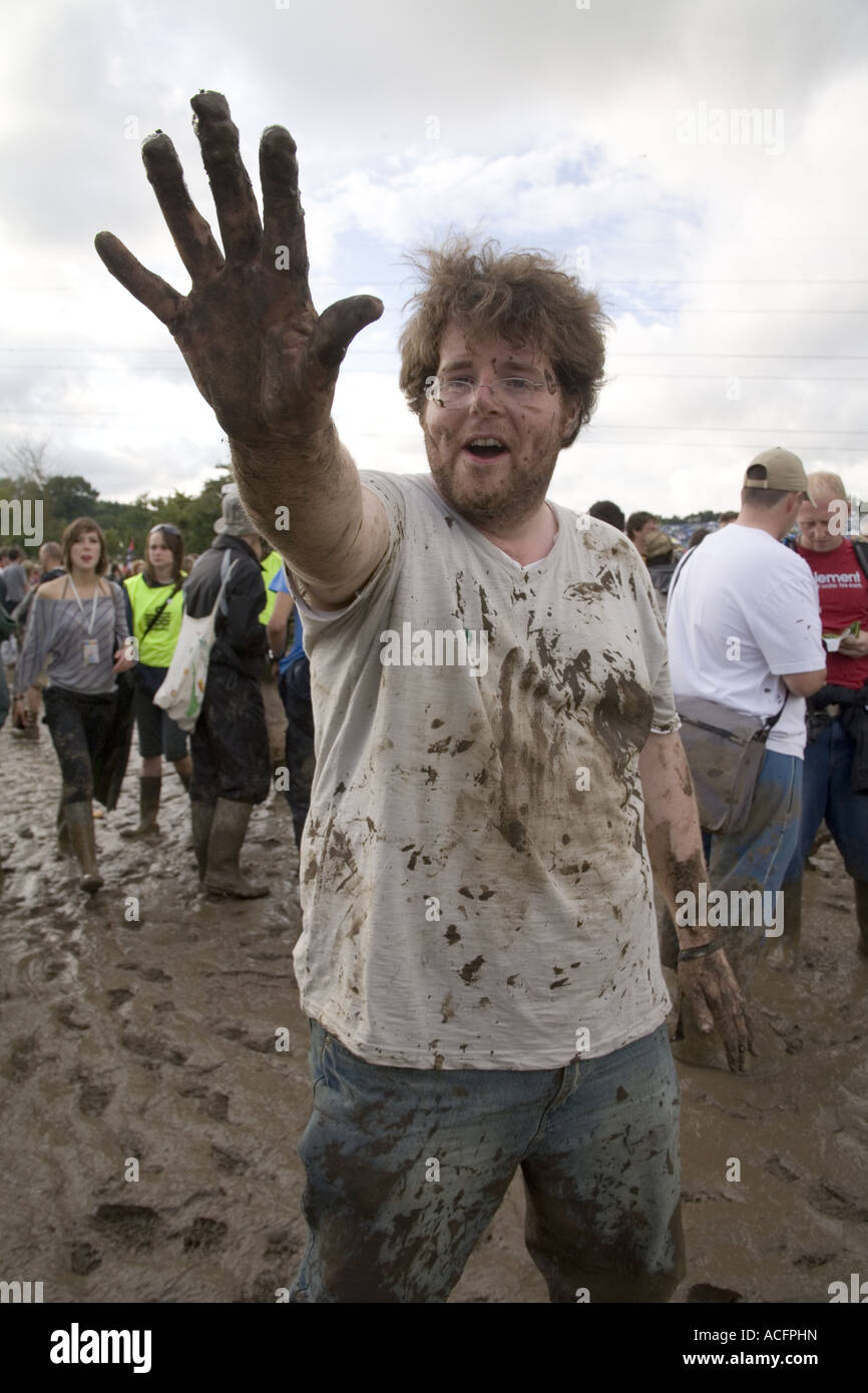 Muddy man at the Glastonbury festival 2007 Stock Photo