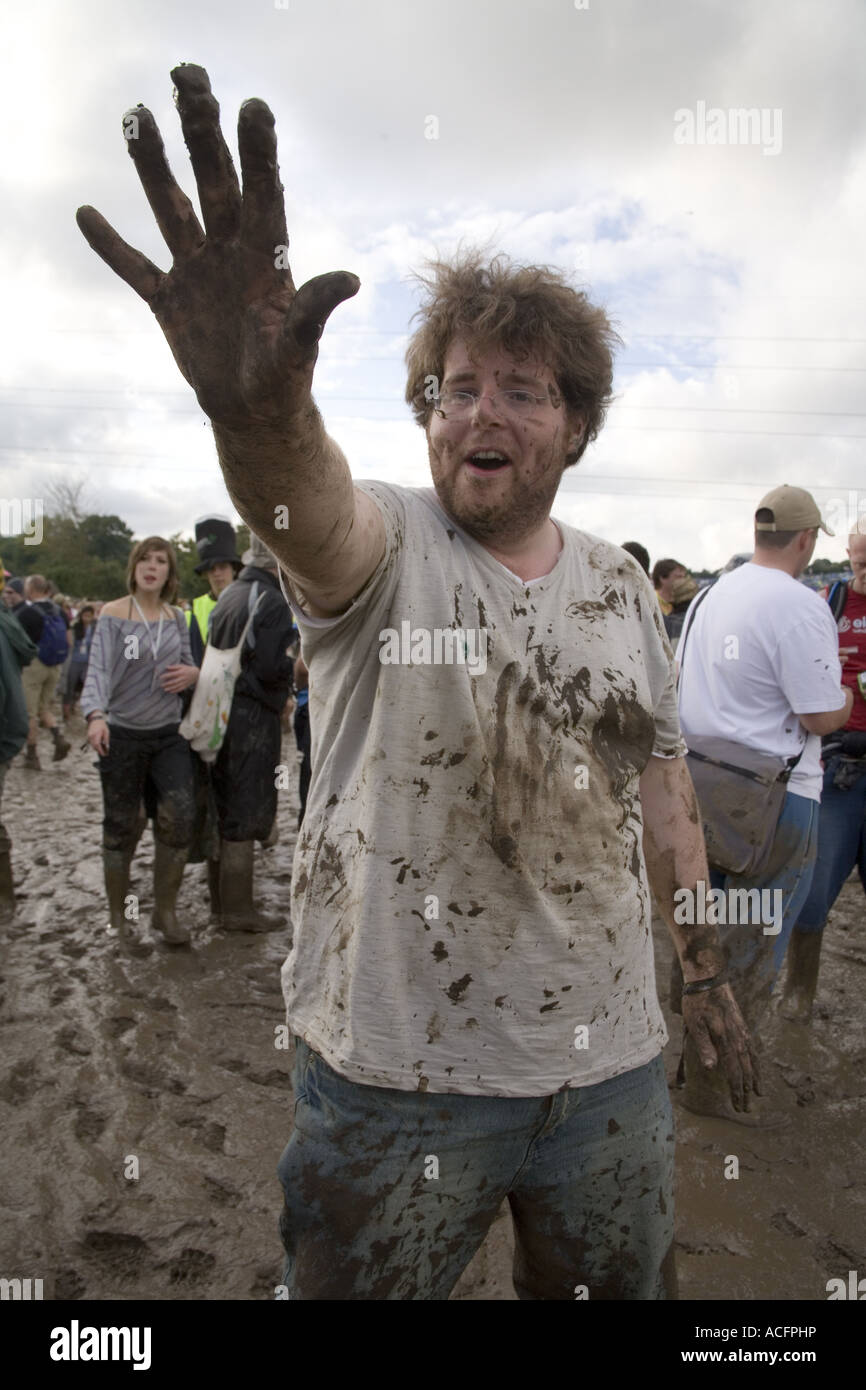 Muddy man at the Glastonbury festival 2007 Stock Photo
