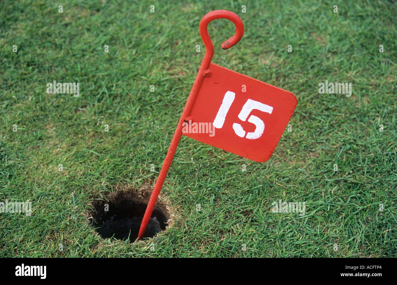 Close up of a red marker sign with a white stencilled 15 in the hole of a golf pitch and putt green Stock Photo