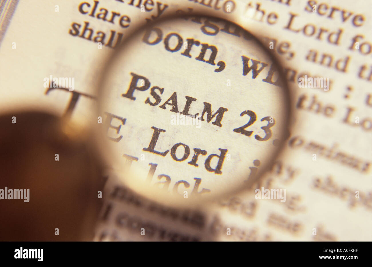 Close up of a pocket magnifier held over a Holy Bible and magnifying particularly the words Psalm 23 and Lord and born Stock Photo